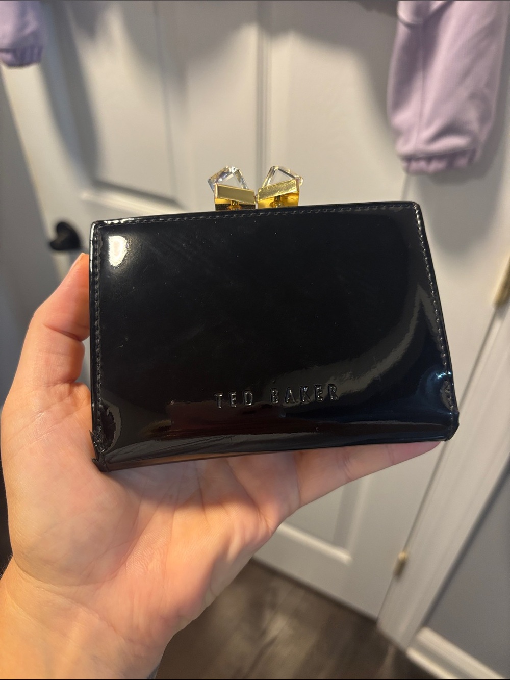 Ted Baker Black Patent Mini Clutch with Crystal Kiss Lock
